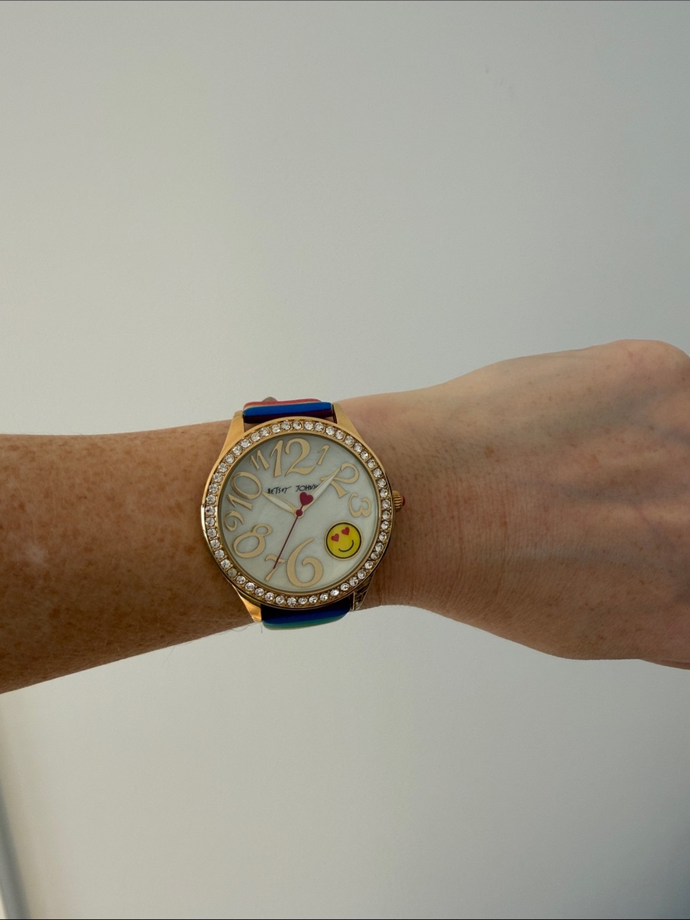 Betsey Johnson Gold-Tone Watch with Blue Strap and Crystal Bezel